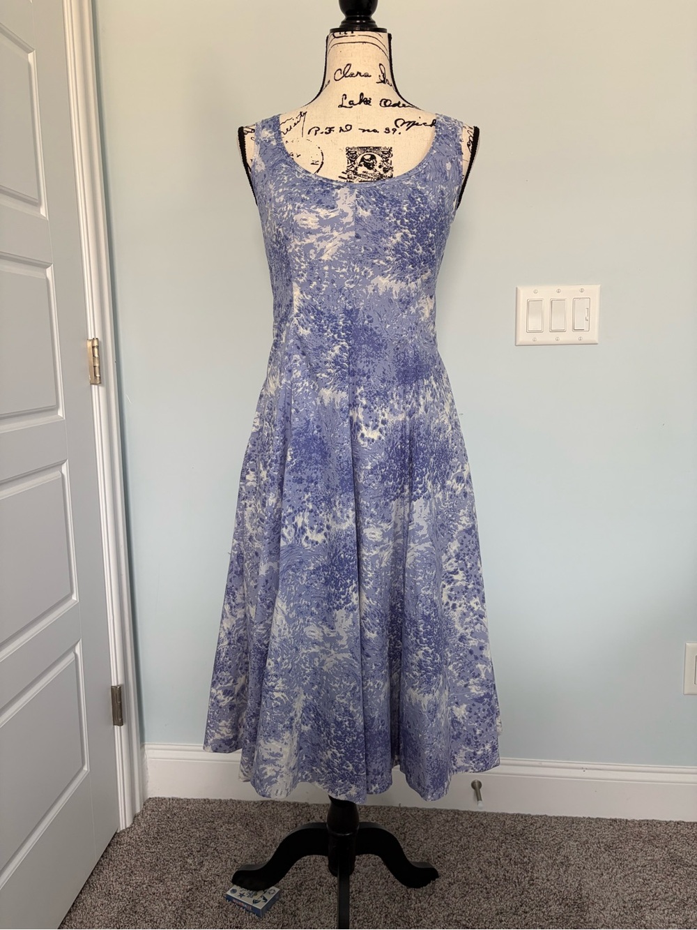 Talbots Blue Marble-Print Fit & Flare Midi Dress